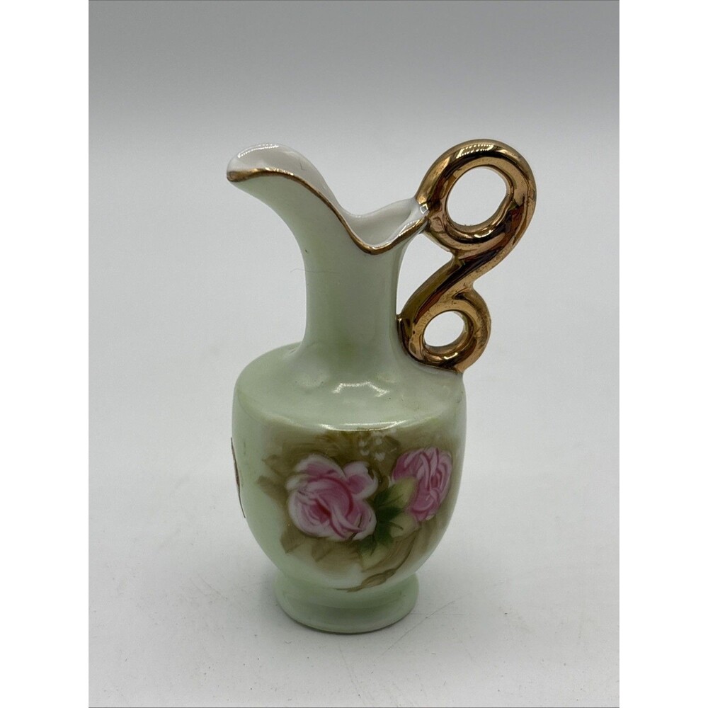 Vintage Lefton Small Mini Pitcher, 3" Tall, Hand Painted Pink Roses
